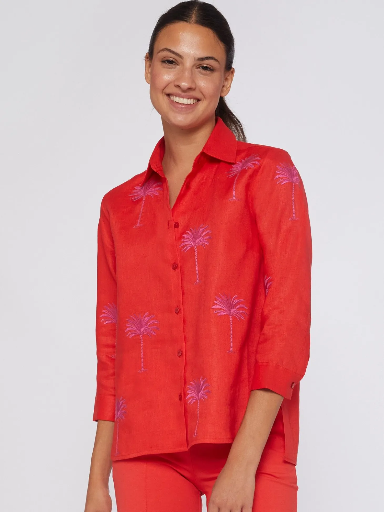 Vilagallo Camisa Coral 100% Lino Bordado Palmeras Shop