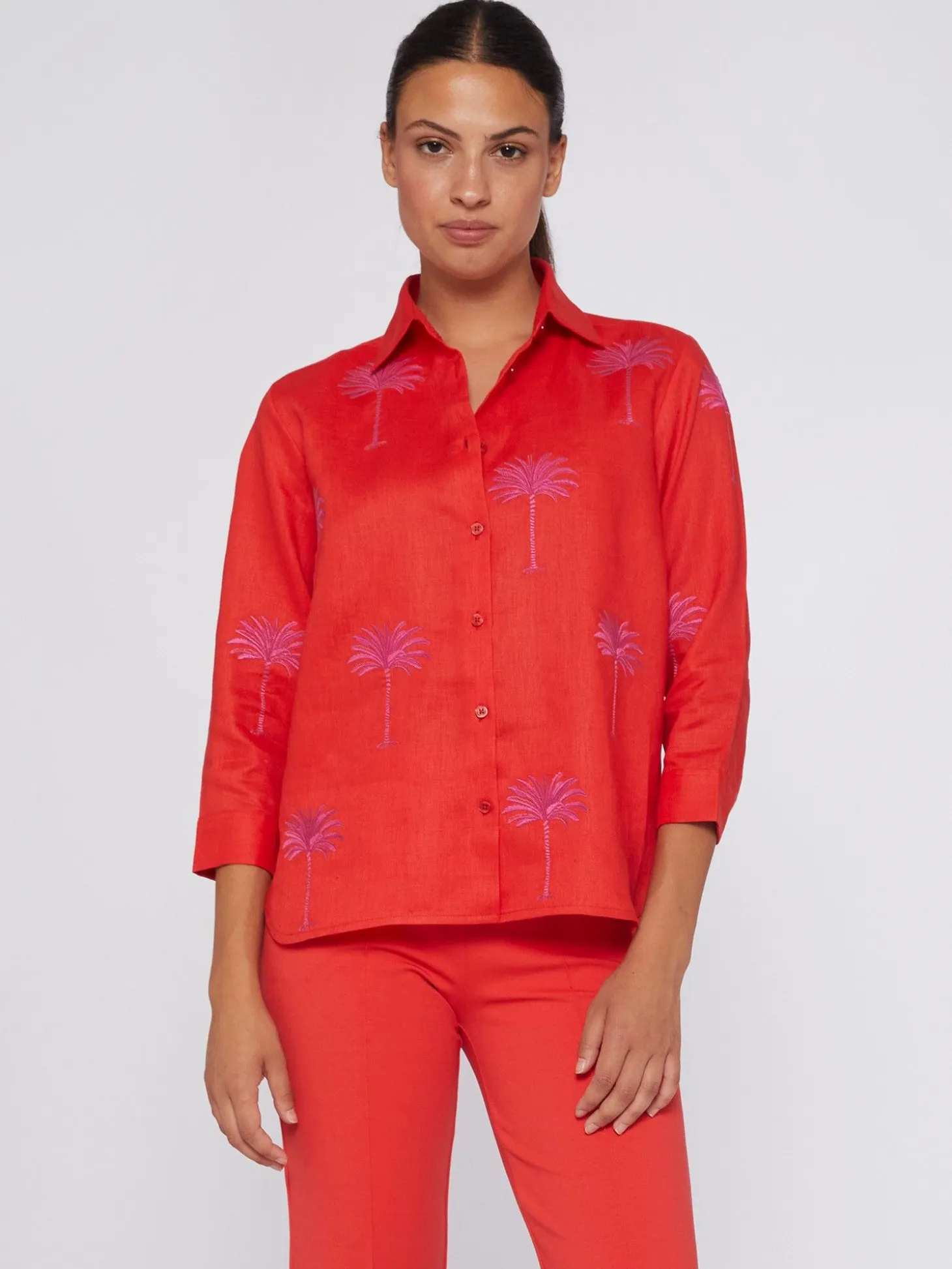 Vilagallo Camisa Coral 100% Lino Bordado Palmeras Shop