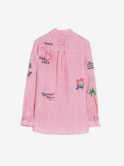 Vilagallo Camisa Lino Bordada Rayas Rojo Shop