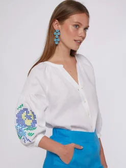 Vilagallo Camisa Lino Mangas Bordadas Punto De Cruz Best