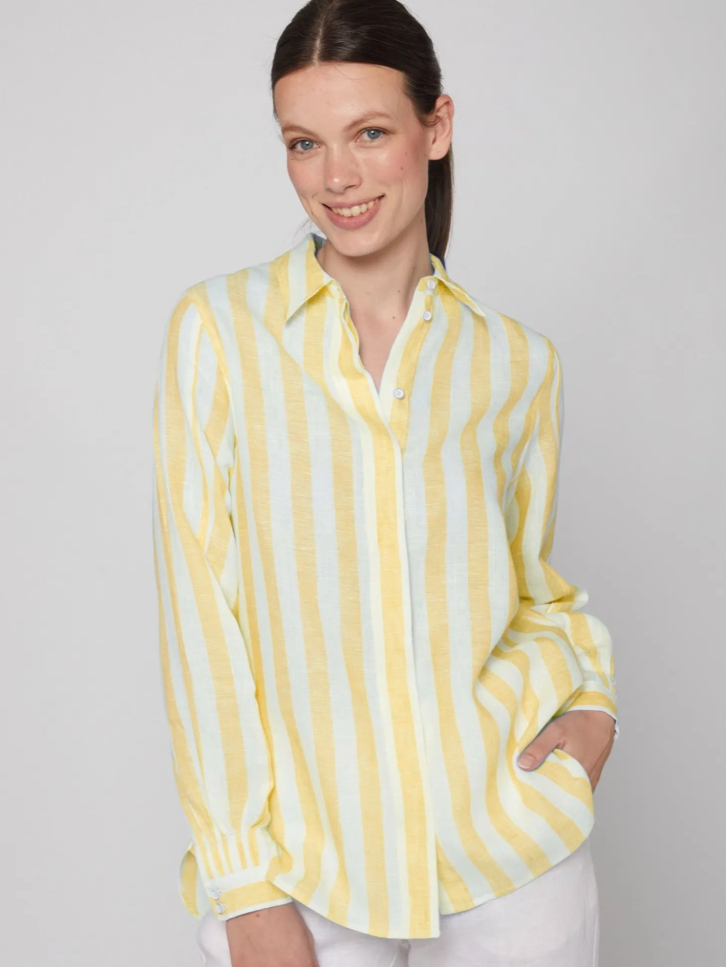 Vilagallo Camisa Lino Rayas Amarillas Hot