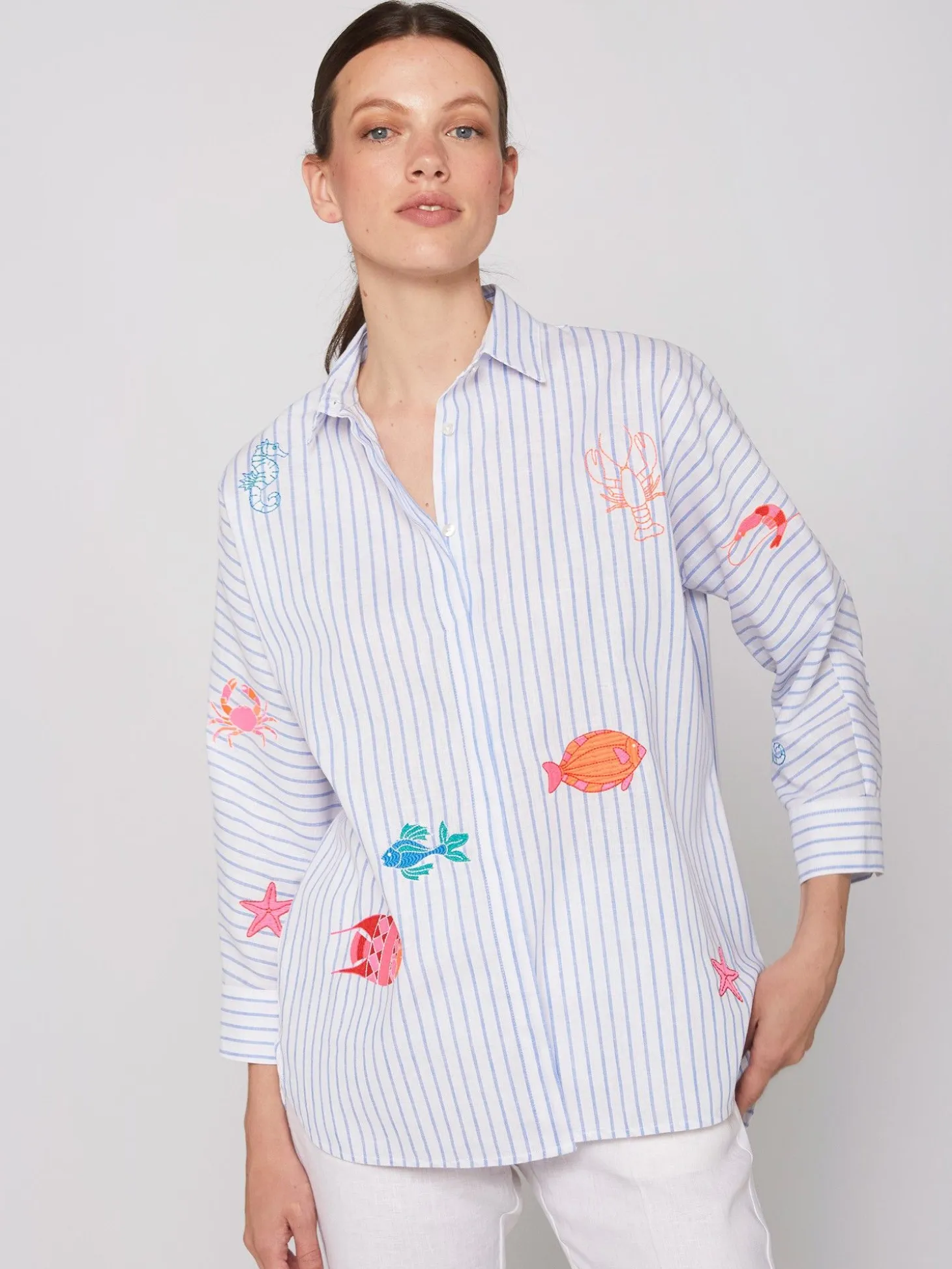 Vilagallo Camisa Louisa Emb Blue Linen Stripe Sale
