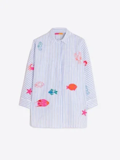 Vilagallo Camisa Louisa Emb Blue Linen Stripe Sale