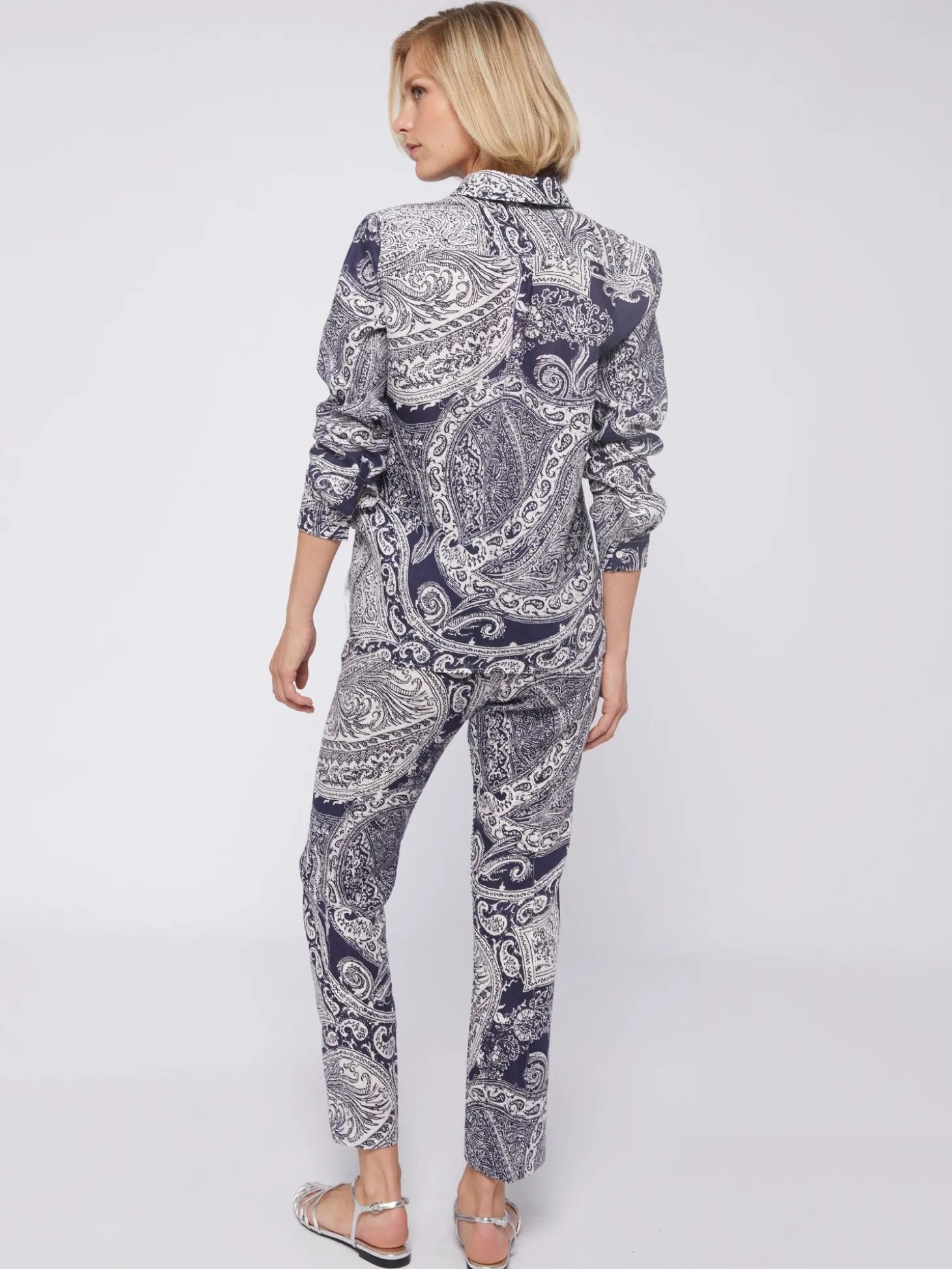 Vilagallo Pantalon Lino Estampado Paisley Navy Discount