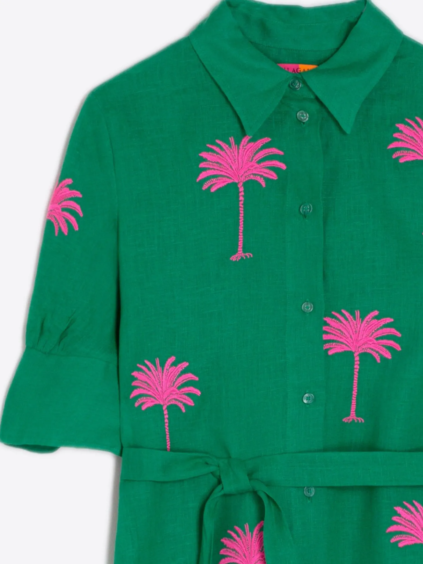 Vilagallo Vestido Camisero Lino Verde Bordado Palmera Flash Sale
