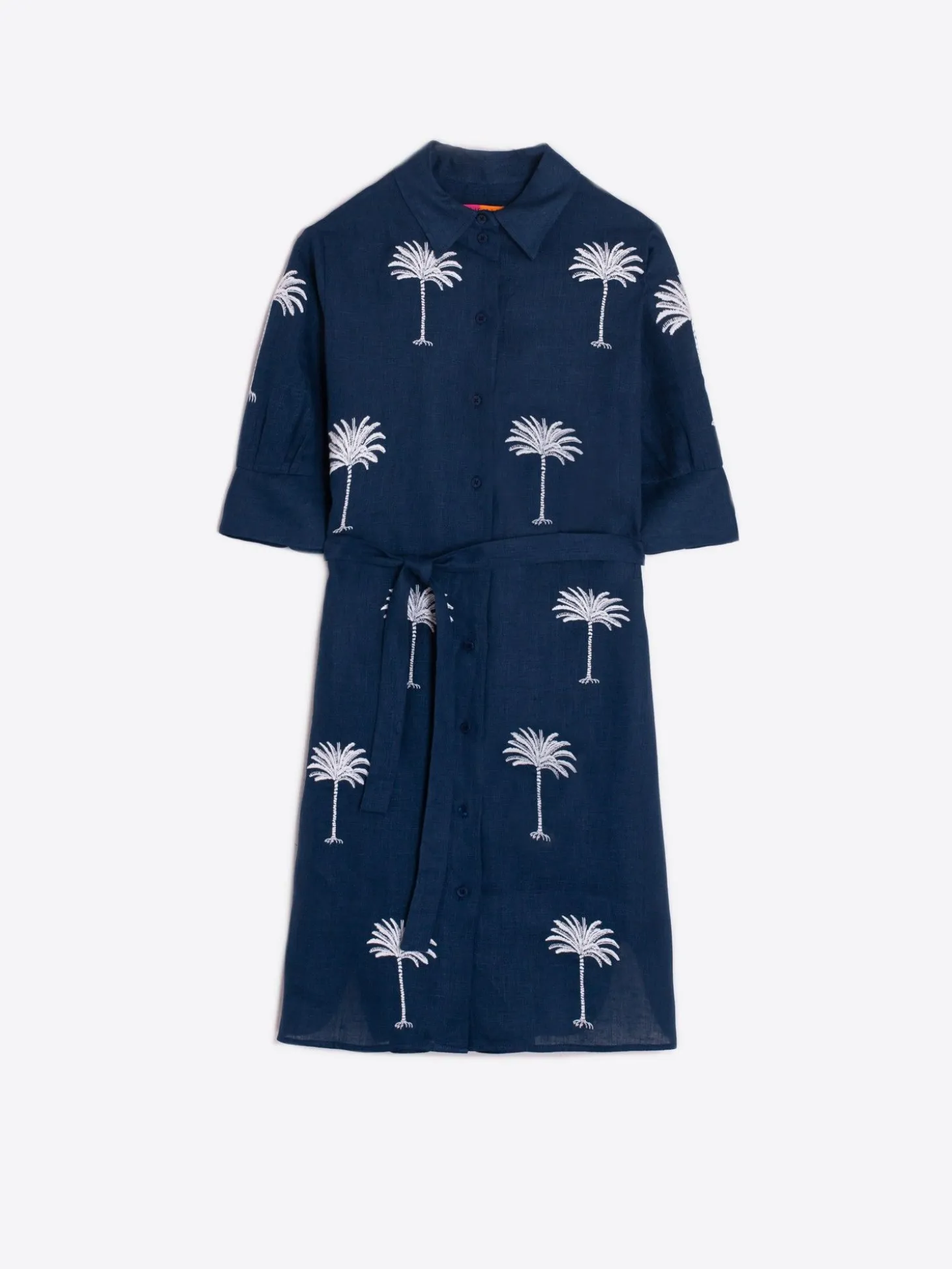 Vilagallo Vestido Lino Marino Bordado Palmeras Online