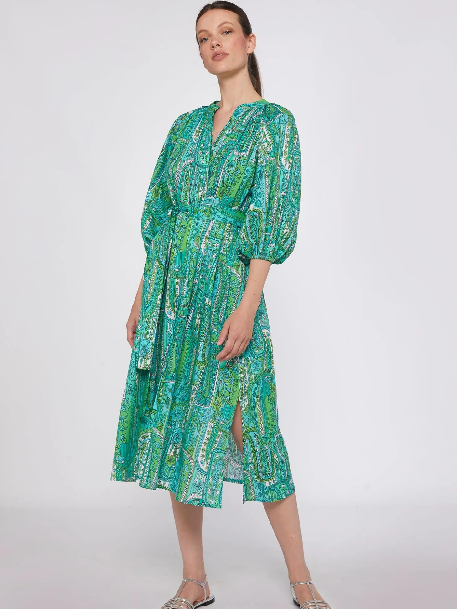Vilagallo Vestido Manga Abullonada Paisley Verde Fashion