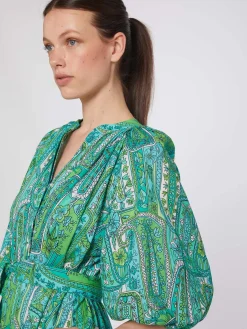 Vilagallo Vestido Manga Abullonada Paisley Verde Fashion