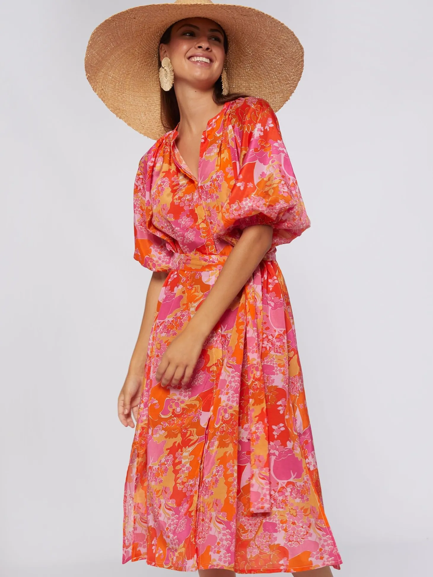 Vilagallo Vestido Midi Manga Abullonada Estampado Pink Blossom Cheap