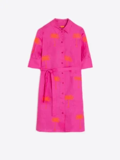 Vilagallo Vestido Rosa Bordado Palmeras 100% Lino Best Sale