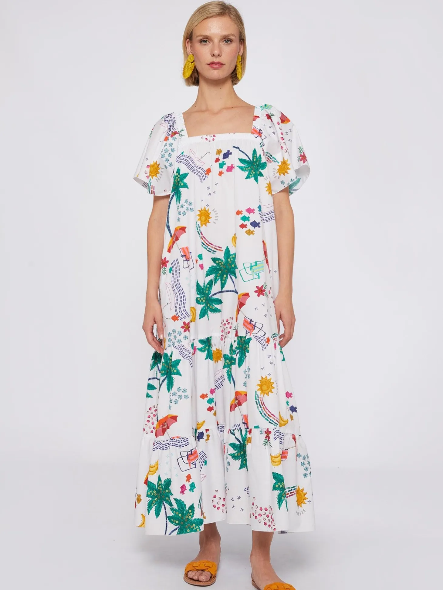 Vilagallo Vestido Volantes Popelin Estampado Tropical New